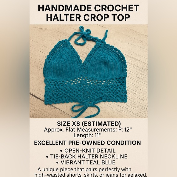 Blue Knit Crochet Bustier, Size Small , Adjustable halter and back - Picture 8 of 8
